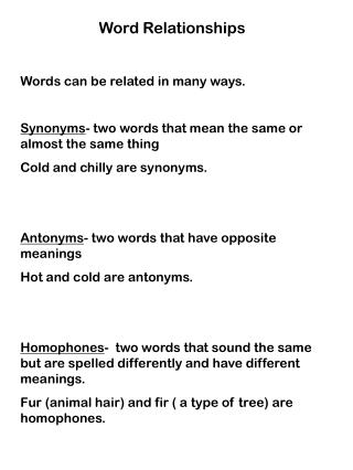 Word Relationships Words can be related in many ways. Synonyms - two words that mean the same or almost the same thing C