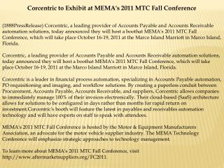 corcentric to exhibit at mema's 2011 mtc fall conference