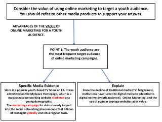 Consider the value of using online marketing to target a youth audience. You should refer to other media products to sup