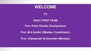 WELCOME TO NAAC PEER TEAM Prof. Prem Sharda (Chairperson) Prof. M.A.Sudhir (Member Coordinator)