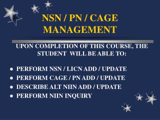 NSN / PN / CAGE MANAGEMENT