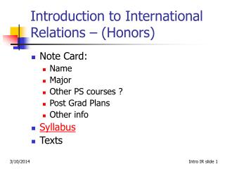 Introduction to International Relations – (Honors)