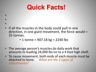 If all the muscles in the body could pull in one direction, in one giant movement, the force would = 25 tonnes. 1 tonne