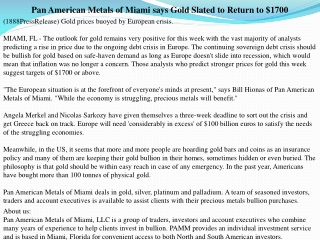 Pan American Metals of Miami says Gold Slated to Return to $