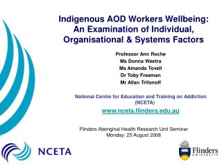 Indigenous AOD Workers Wellbeing: An Examination of Individual, Organisational & Systems Factors