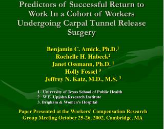 Predictors of Successful Return to Work In a Cohort of Workers Undergoing Carpal Tunnel Release Surgery