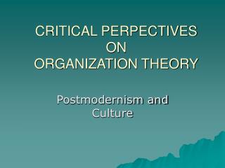 CRITICAL PERPECTIVES ON ORGANIZATION THEORY