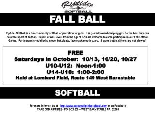 FREE Saturdays in October : 10/13, 10/20, 10/27 U10-U12: Noon-1:00 U14-U18: 1:00-2:00