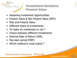 Investment Decisions Present Value
