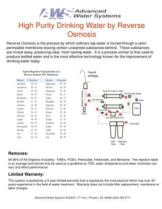 High Purity Drinking Water by Reverse Osmosis