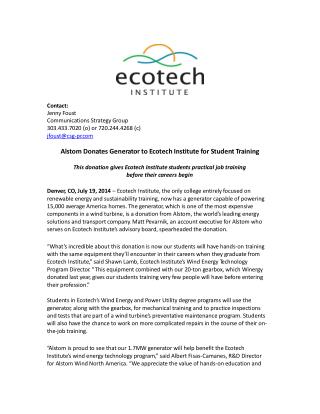 Alstom Donates Generator to Ecotech Institute for Student Tr