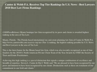 Cantor & Webb P.A. Receives Top Tier Rankings In U.S. News