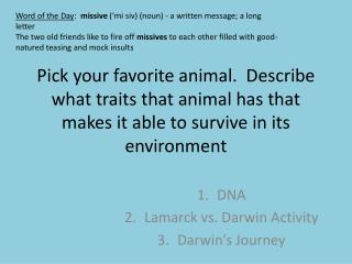 DNA Lamarck vs. Darwin Activity Darwin’s Journey