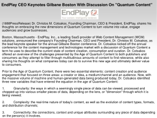 EndPlay CEO Keynotes Gilbane Boston With Discussion On "Quan