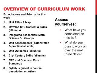 Overview of curriculum work