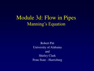 Module 3d: Flow in Pipes Manning’s Equation