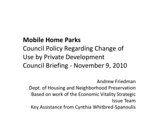 Mobile Home Parks Council Policy Regarding Change of Use by Private Development