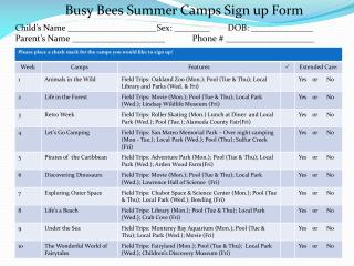 Busy Bees Summer Camps Sign up Form