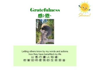 Gratefulness 感恩 Letting	others know 讓 別人 知道 by my words and actions 藉 我的 說話 和 行動
