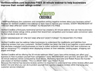 Verifiedcredible.com launches FREE 30 minute webinar to help