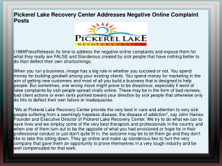 Pickerel Lake Recovery Center Addresses Negative Online Comp