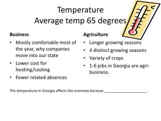 Temperature Average temp 65 degrees