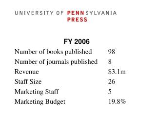 FY 2006 Number of books published		98 Number of journals published	8 Revenue					$3.1m Staff Size					26 Marketing Staff