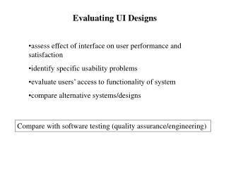 Evaluating UI Designs assess effect of interface on user performance and satisfaction identify specific usability pr