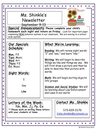 Ms. Shinkle’s Newsletter September 9- 13