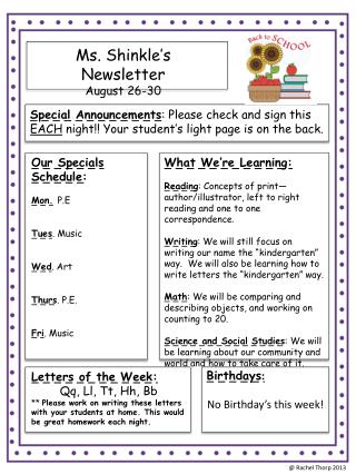 Ms. Shinkle’s Newsletter August 26-30