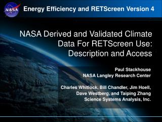 NASA Derived and Validated Climate Data For RETScreen Use: Description and Access