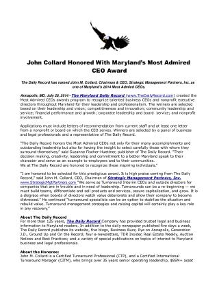 John Collard Honored With Maryland’s Most Admired CEO Award