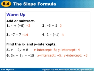 Warm Up Add or subtract. 1. 4 + (–6) 2. –3 + 5