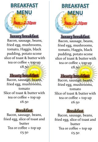 Breakfast menu 9am – 2:30pm luxury breakfast