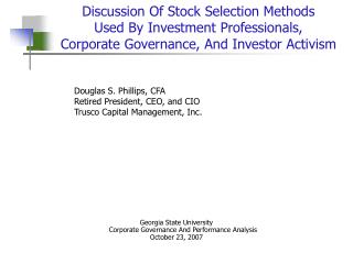 Discussion Of Stock Selection Methods Used By Investment Professionals, Corporate Governance, And Investor Activism