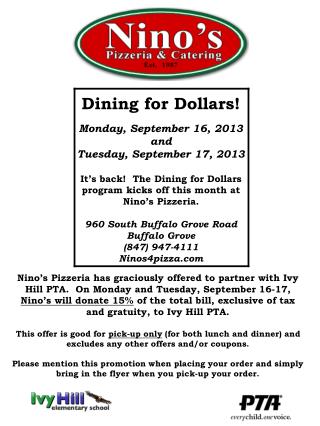 Dining for Dollars! Monday, September 16, 2013 and Tuesday, September 17, 2013