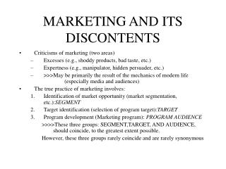 MARKETING AND ITS DISCONTENTS