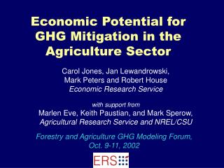 Economic Potential for GHG Mitigation in the Agriculture Sector