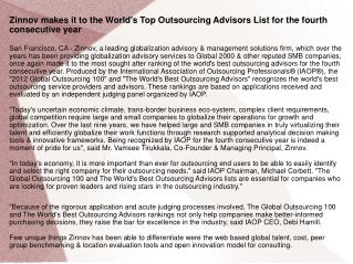 Zinnov makes it to the World's Top Outsourcing Advisors List