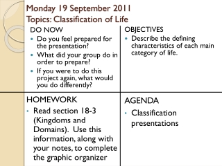 Monday 19 September 2011 Topics: Classification of Life