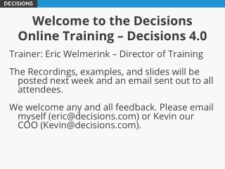 Welcome to the Decisions Online Training – Decisions 4.0