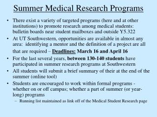 Summer Medical Research Programs