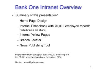 Bank One Intranet Overview