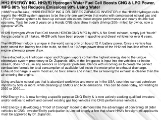 HH2 ENERGY INC. HH2(R) Hydrogen Water Fuel Cell Boosts CNG &