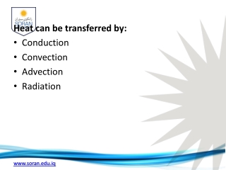 Heat can be transferred by: Conduction Convection Advection Radiation