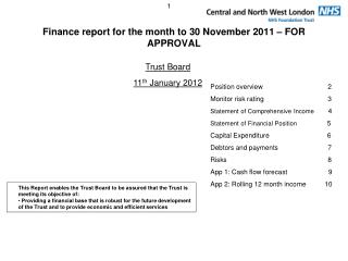 Finance report for the month to 30 November 2011 – FOR APPROVAL