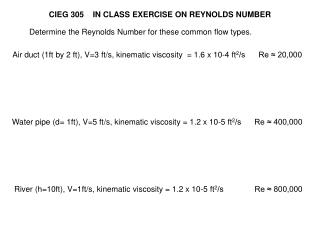 CIEG 305 IN CLASS EXERCISE ON REYNOLDS NUMBER