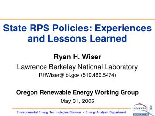 State RPS Policies: Experiences and Lessons Learned