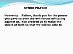 SYNOD PRAYER Heavenly Father, thank you for the power you gave us over the evil forces militating against us. You ord