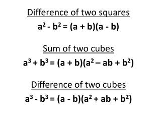 PPT - Difference Of Two Squares A 2 - B 2 = (a + B)(a - B) Sum Of Two ...